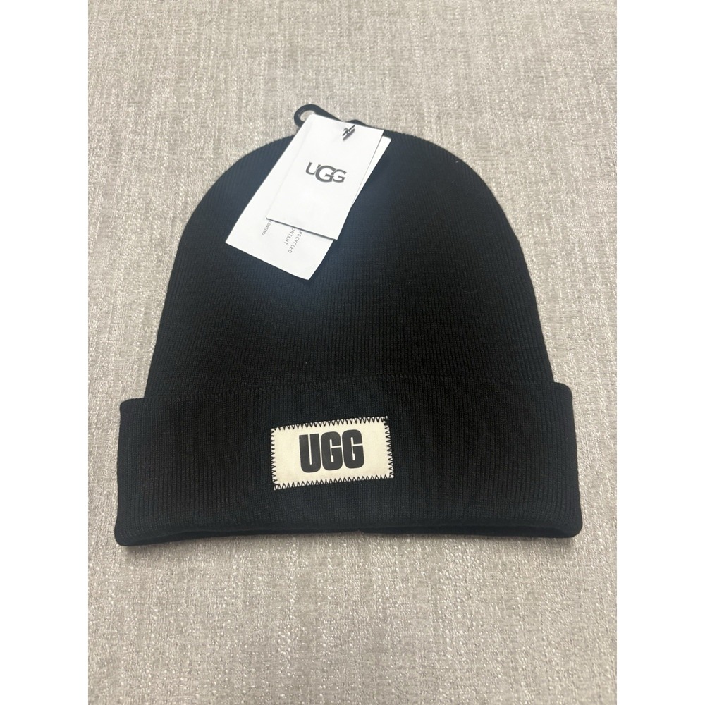 NWT UGG Mens High Crown Beanie One Size Black Knit Cuffed Acrylic Wool Polyester